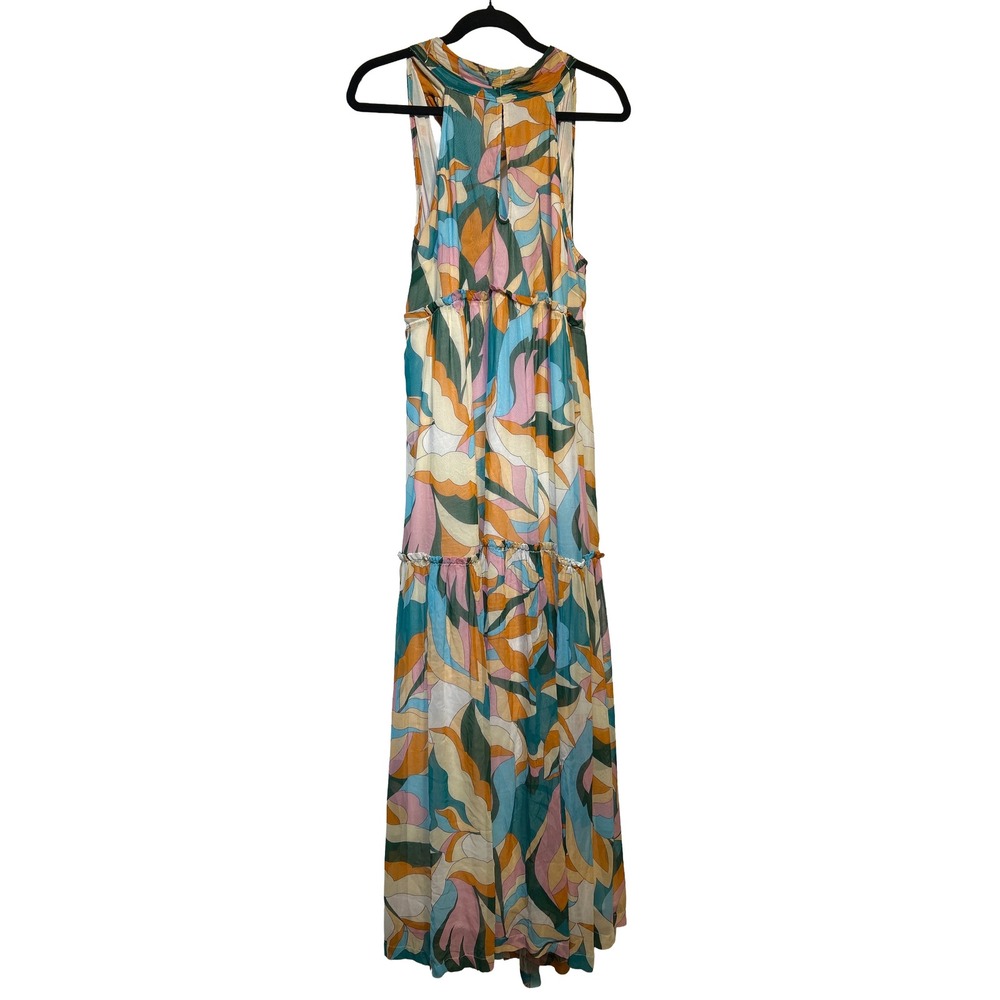 Anthropologie Maeve Tiered Keyhole Maxi Dress Green Blue Abstract Floral Size M - Picture 2 of 11